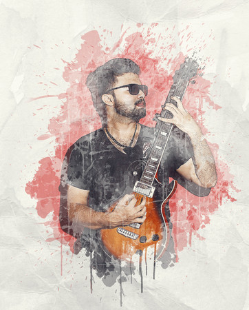 Water color effct - Rock musician playing electric guitar standingの写真素材