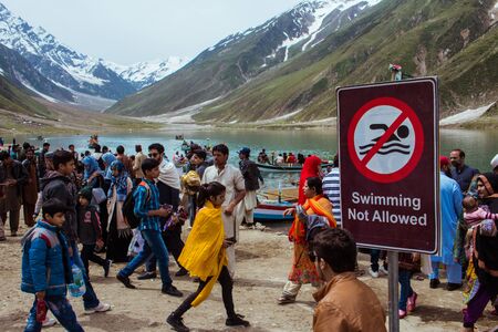 Swimming Not Allowed Waning Sign at Lake Saif ul Maluk, Naran Valley, Khyber Pakhtunkhua, Pakistan 6/26/2018のeditorial素材