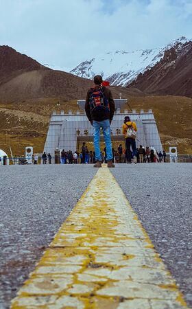 Tourist standing at Khunjerab pass, Pak China Border 6/28/2018のeditorial素材