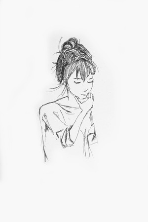 Hand Drawn Beautiful Girl Portrait - Pencil Sketch Of An Anime Girl On A White Paperの写真素材