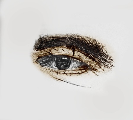 Hand Drawn And Painted Human Eye Of A Old Man With Thick Eyebrows - Pencil Sketch And Coloring By Handの写真素材