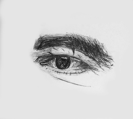 Hand Drawn Human Eye Of A Old Man With Thick Eyebrows - Detailed Pencil Sketchの写真素材