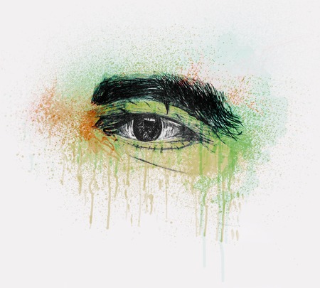 Hand Drawn Human Eye Of A Old Man With Thick Eyebrows - Pencil Sketch And Water Colorの写真素材