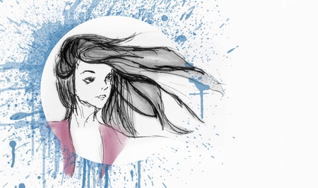 Hand Drawn Beautiful Girl Portrait - Hair Flying With The Wind - Water color Splash On The Backgroundの写真素材
