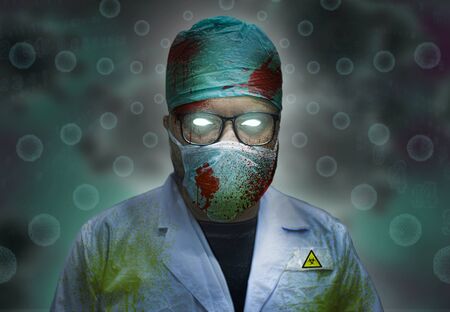 Creepy Murderous Infacted Zombie Doctor With Blood Stains In A Pandemic - Biohazardの写真素材