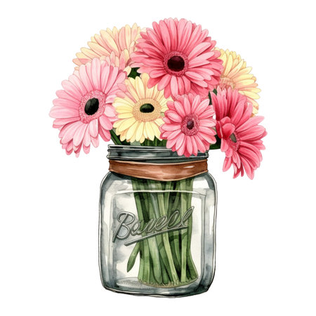 Bouquet of gerbera flowers in a glass jar. Hand drawn watercolor illustration isolated on white backgroundの素材