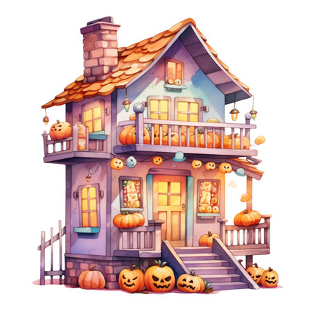 Halloween house with pumpkins. Watercolor illustration isolated on white backgroundの素材