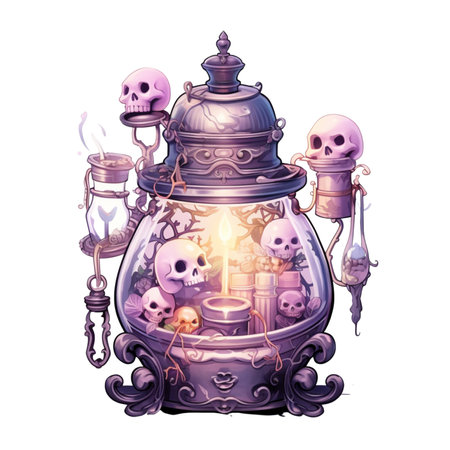 Halloween vector illustration. Cute cartoon witch potion bottles and skull.の素材