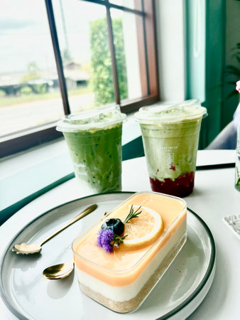 Green tea mousse cake with lemon and ice cream in cafe.の写真素材