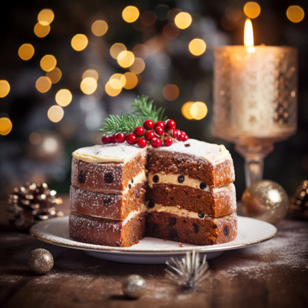 Christmas cake with chocolate and cranberries on a wooden background. Selective focus.の素材