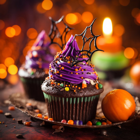 Halloween cupcakes decorated with purple frosting and chocolate shavings, selective focus.の素材