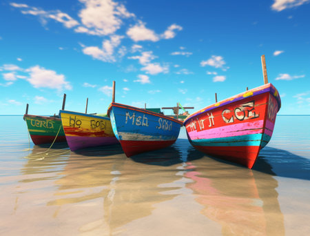 Fishing boats in the sea on a sunny day. 3d renderの素材