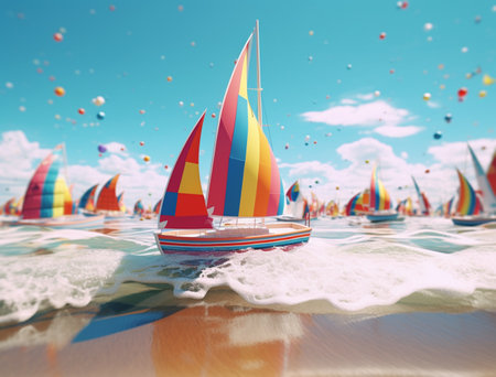 Sailing boats floating in the sea. 3d render illustration.の素材