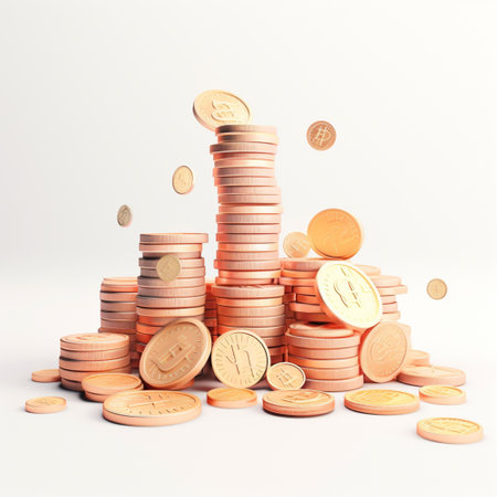Pile of golden coins on white background. 3D illustration.の素材