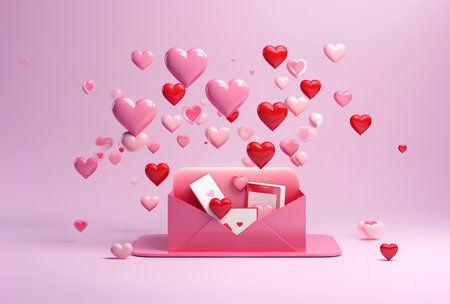 Envelope with hearts on a pink background. 3d renderingの素材