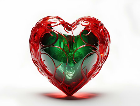 Red and green heart on a white background. 3D illustration.の素材