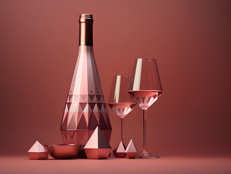Wine bottle and glasses on a red background. 3d renderingの素材