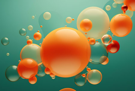 abstract background with orange and green bubbles on a green background.の素材
