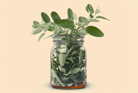 Sage leaves in a glass jar on a beige background.の素材