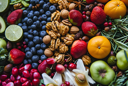 Healthy food selection: fruits, berries, nuts and herbs.の素材