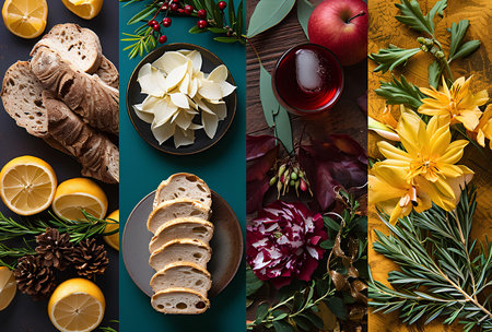 top view of tasty christmas food and wine on wooden background, collageの素材