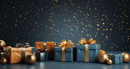 3d render of christmas gift boxes with gold balls on dark backgroundの素材