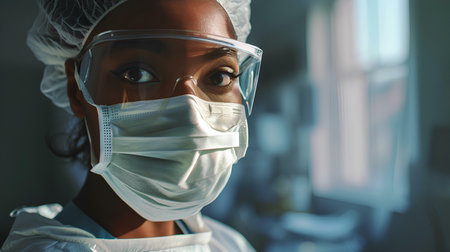 Portrait of african american female surgeon wearing protective mask.の素材