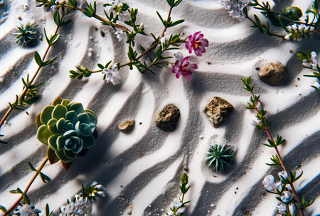 Cactus and succulents on white sand background. Top view.の素材