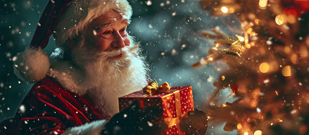 Portrait of santa claus with gift box. Christmas and New Year concept.の素材