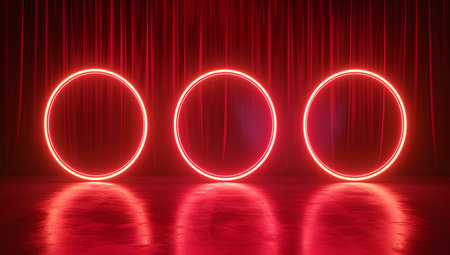 3d render, abstract background, empty stage with red curtains, neon lightsの素材
