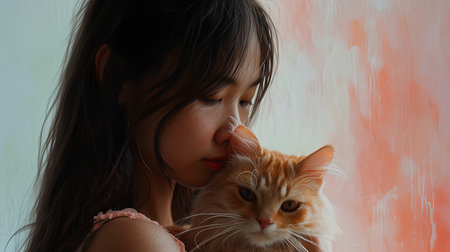 Portrait of a beautiful asian woman with red cat at homeの素材
