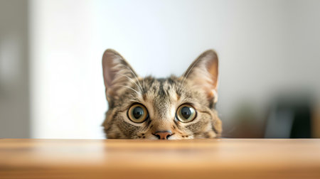 Cute tabby cat looking at the camera with big eyes on a wooden tableの素材