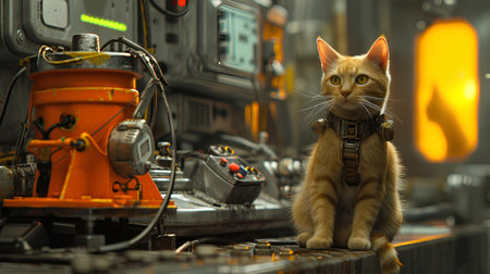 Cute red cat sits on a platform in an industrial factory.の素材