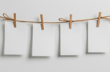 close up of  a 3 blank note papers on a rope with clothespins white backgroundの素材