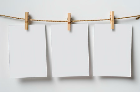 Blank paper sheets with clothespins on rope on white background.の素材