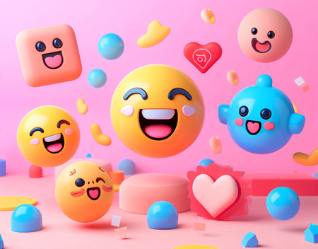 3d render of colorful emoticons with hearts and balloons on pink backgroundの素材