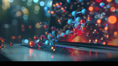 Laptop with abstract molecule background. 3d illustration. Science and technology concept.の素材
