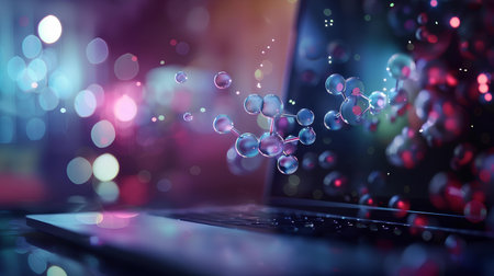 Laptop with abstract 3d molecule on blurry background. Science and technology conceptの素材