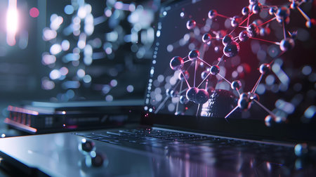 Close-up of laptop with abstract network connections on blurry background. 3D Renderingの素材