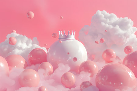 Crown in the clouds with pink balloons and clouds. 3D renderingの素材
