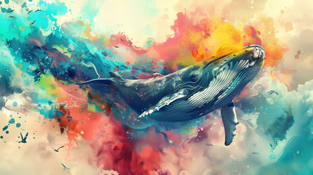 Whale swimming in colorful watercolor splashes. 3D renderingの素材