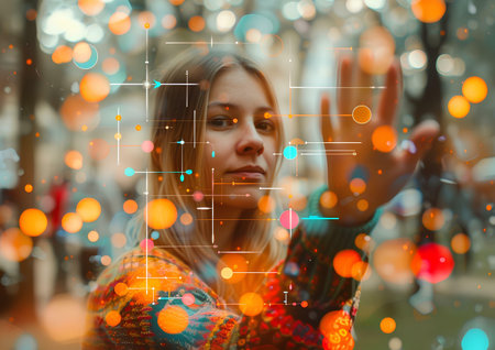 Futuristic user interface in the hands of a girl. Future technology concept.の素材