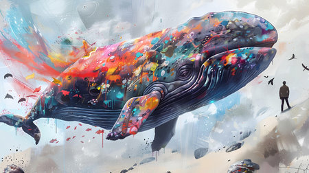 Humpback whale with colorful watercolor paint splashes. 3d renderingの素材