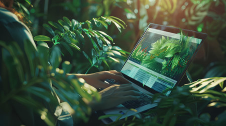 businesswoman working on laptop computer in the garden with green plant backgroundの素材