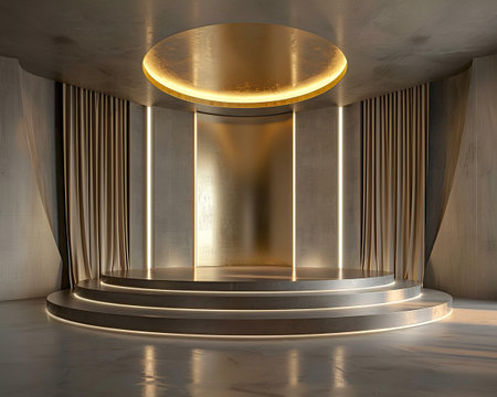 3d rendering of a round podium with gold lights and draperyの素材