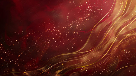 Abstract red background with golden lines and sparkles. Design element.の素材
