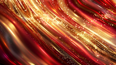 abstract red and gold wavy background with glowing sparkles and glitterの素材