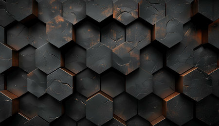 3d rendering of abstract metal background with hexagons in black colorの素材