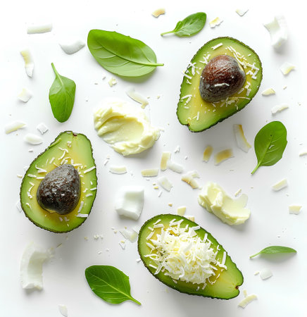 Avocado slices with basil leaves and parmesan on white backgroundの素材