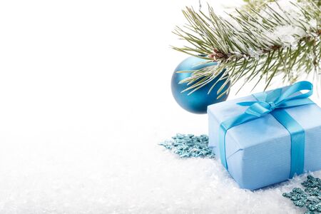 Blue and silver xmas decoration with copy space. Merry christmas.の写真素材